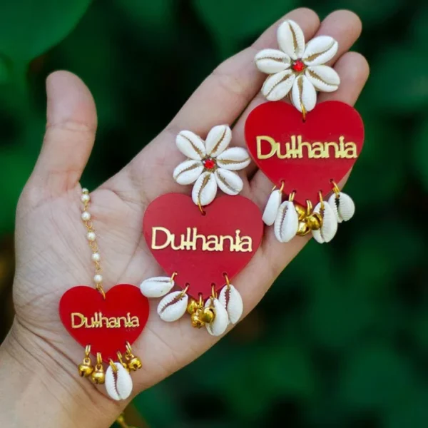 Personalized Dulhan Heart Shape Name Earrings With Mangtika